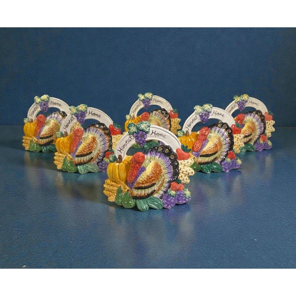 Set Of 6 Vintage Harvest Home Turkey Tea Light Holders Thanksgiving Table Decor